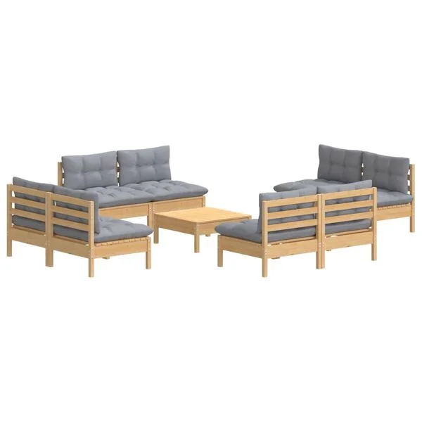 vidaXL 9-tlg. Garten-Lounge-Set mit Grauen Kissen Kiefernholz