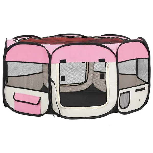 vidaXL Faltbarer Welpenlaufstall mit Tragetasche Rosa 145x145x61 cm