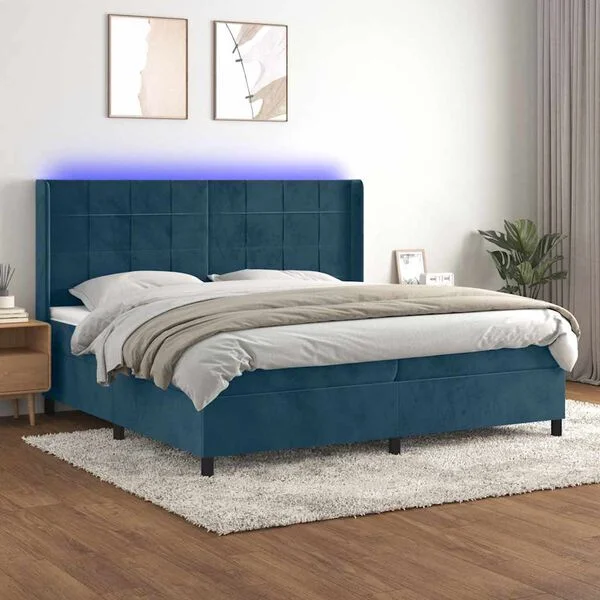 vidaXL Boxspringbett mit Matratze & LED Dunkelblau 200x200 cm Samt